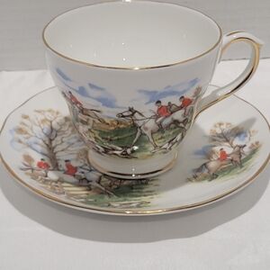 Equestrian bone china tea cup & saucer set riders, horses fox hunting Duchess